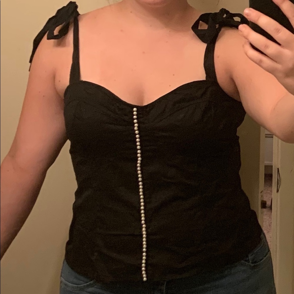 Plus Black Pearl Trim Tie Shoulder Corset Top